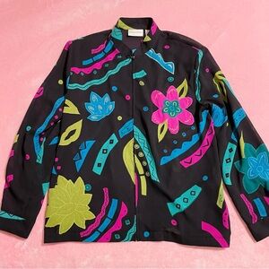 Women’s Vintage Colorful Sheer Floral Whimsical Zip Jacket Size Large
